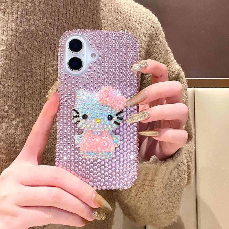 Full Diamond Three-dimensional KT Cat Suitable for Apple 17 Mobile Phone Case iPhone16ProMax Cute 15 Cartoon 14 Protective Case