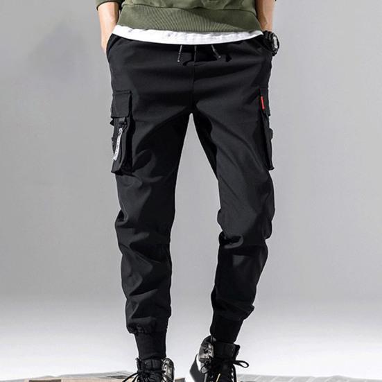 Men Pants Plush Lining Solid Color Elastic Waist Warm Multiple Pockets Cargo Pants for Daily Wear