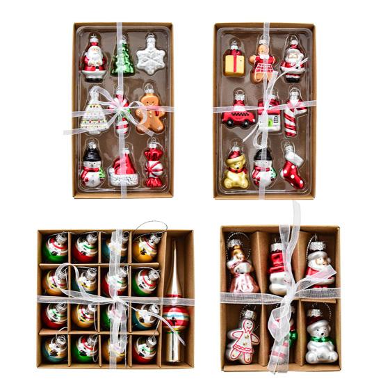 Christmas Mini Glass Ornaments Set Small Vintage Snowman Santa Tree Snowflake Candy Cane Ornaments