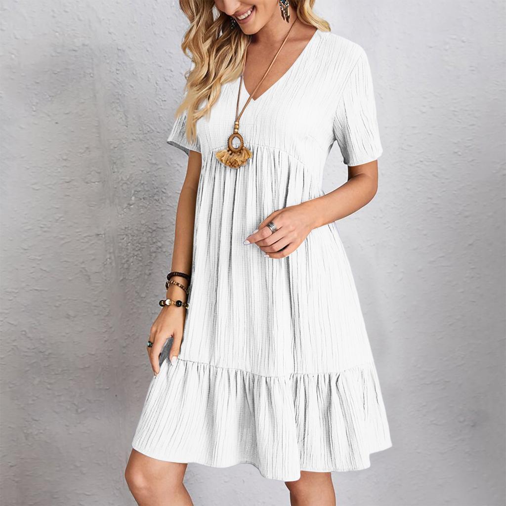 Women's  Color Casual Fashion V-neck Short Sleeved Dress