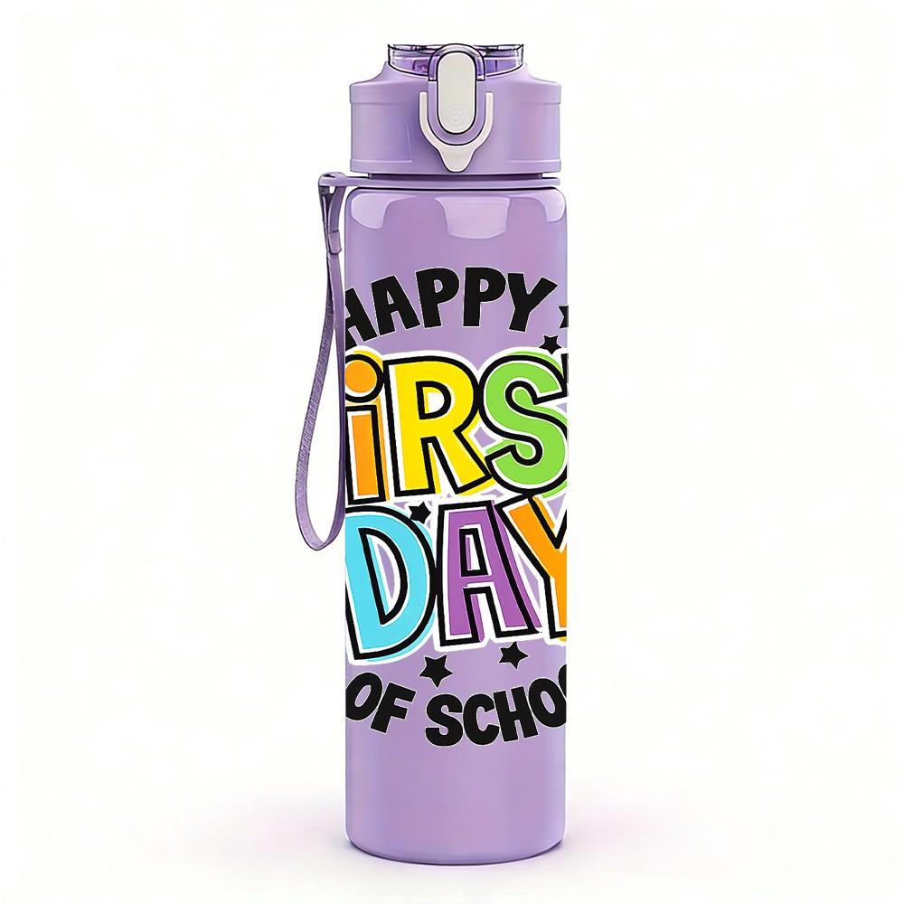 1PC Happy First Day Colorful Lettering 750ml Color Plastic Sports Water Bottle Leakproof Flip Straw Lid Suitable for Sports Office Home Use