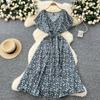 Tea break retro floral skirt summer strap waist V-neck lotus leaf sleeve slimming temperament knee dress