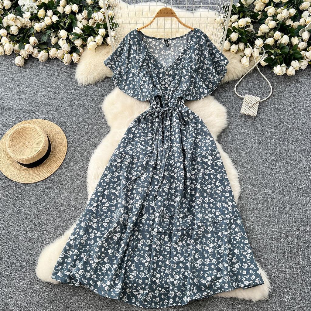 Tea break retro floral skirt summer strap waist V-neck lotus leaf sleeve slimming temperament knee dress