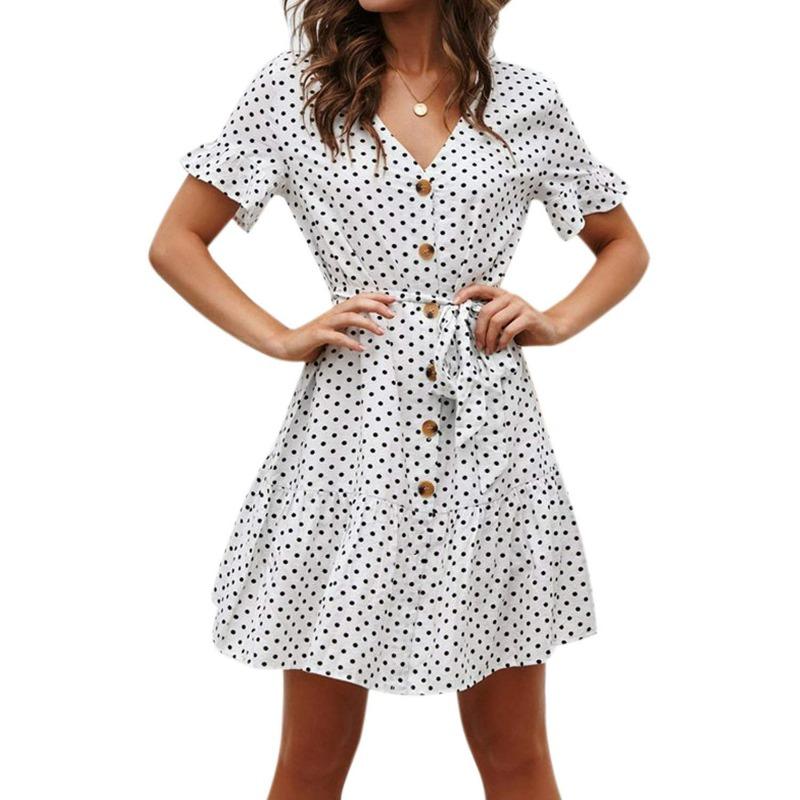 Women's Polka Dot Mini Dress V Neck Button Front Tie Waist Short Sleeve Summer Dress