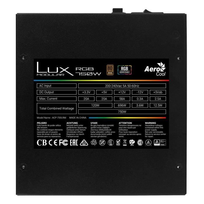 Alimentation Électrique - AEROCOOL - LUX 750M RGB - 750W - Semi-modulaire
