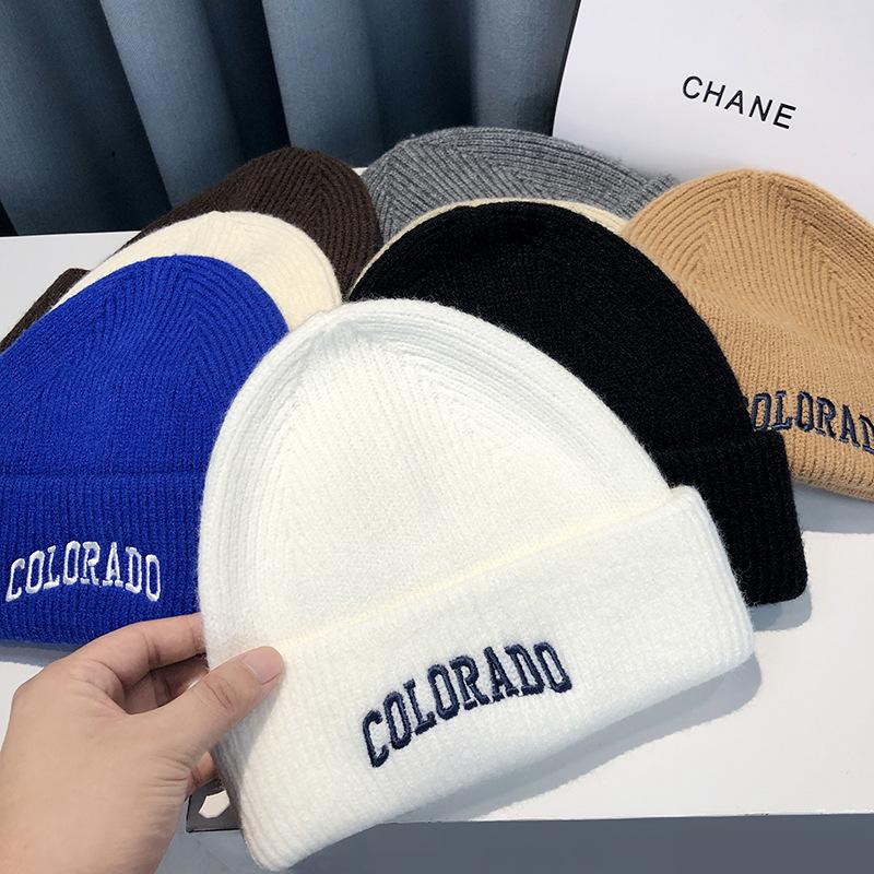 Knitted Hat Women's Autumn and Winter Letter Embroidery Wool Hat Warm Versatile Pullover Ear Protector Cold Hat Men's Trend