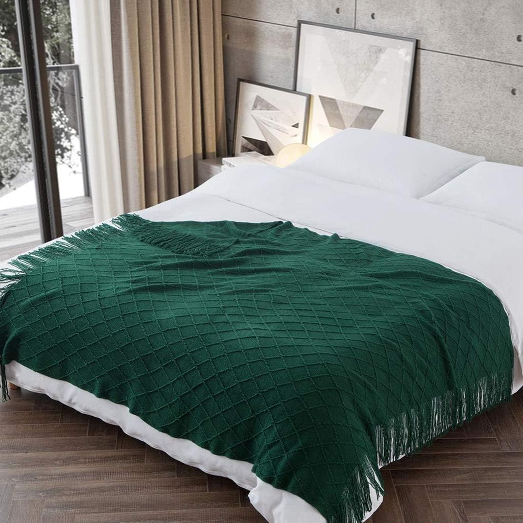 Green Knit Throw Blanket for Couch Outdoor Indoor Textured Boho Blanket Farmhouse Throw for Living Room Lightweight Decorative