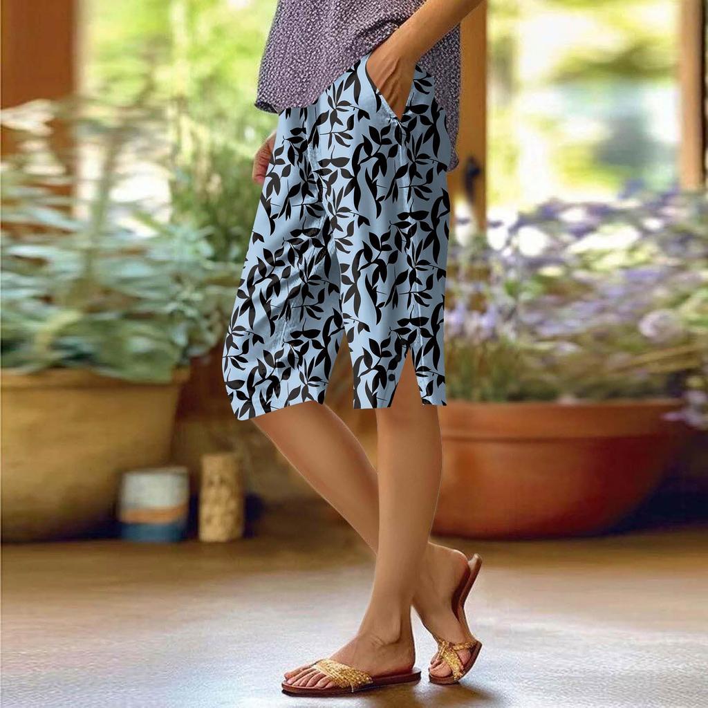 Dámské potištěné kalhoty Módní kapsa Elastický pas Ležérní šortky