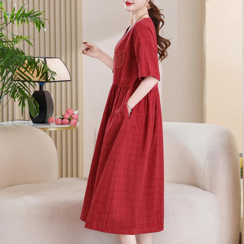 Women's Plus Size Cotton Linen Dress, Loose V-Neck Casual Summer Midi Dress with Pockets (XL-5XL)