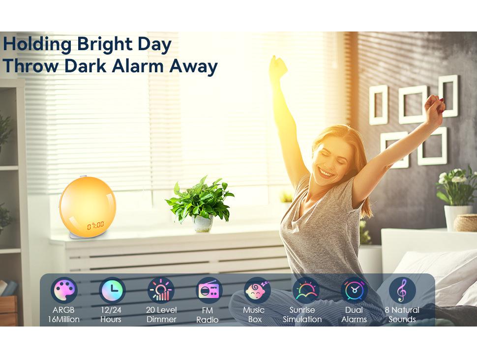 Sonnenaufgangs- & Sonnenuntergangssimulations-Wecker mit FM-Radio und buntem Nachtlicht für Kinder.