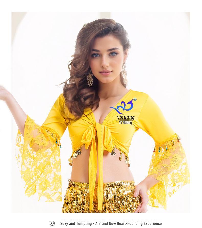 Belly Dance Lace Top with Flared Sleeves and Tassels for Performances