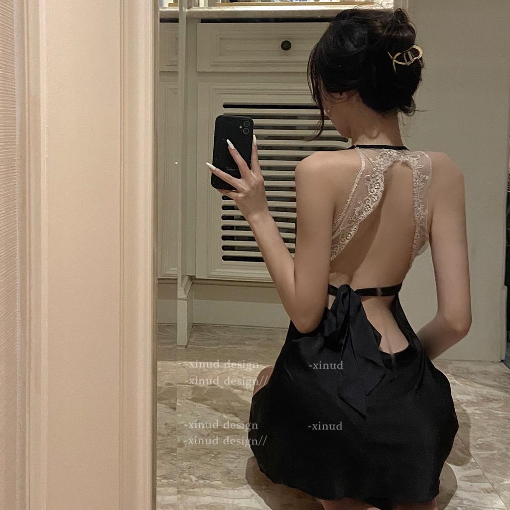 Sexy underwear pure desire free female sexy deep V lace backless strap satin loungewear royal sister suspender nightdress