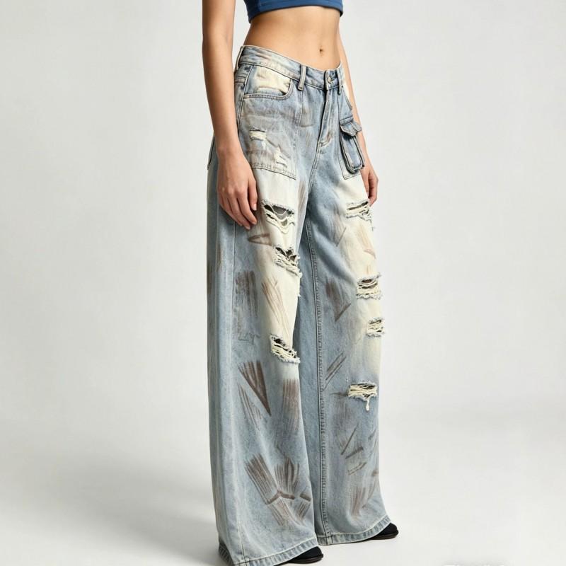 High-Waisted Distressed Wide Leg Denim Pants Women - Relaxed Fit Vintage Streetwear Trousers