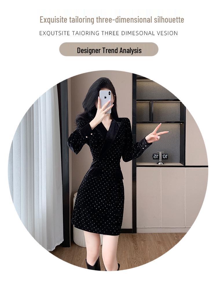 Gold Velvet Rhinestone Waist-Slimming Dress for Women