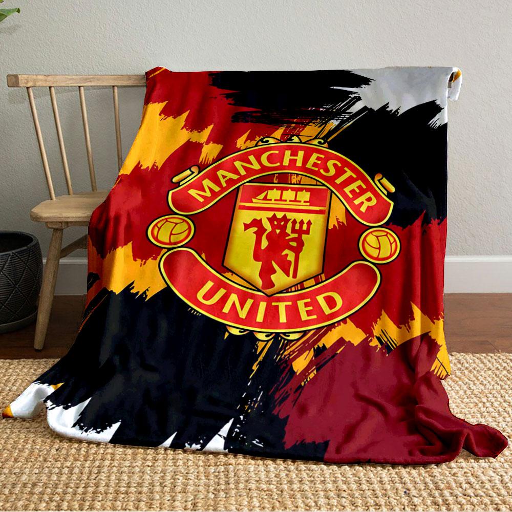 Bold Red, Yellow, Black Brush Strokes with a Central Manchester United Crest. for All Seasons Blanket Lunch Break Throw Gift