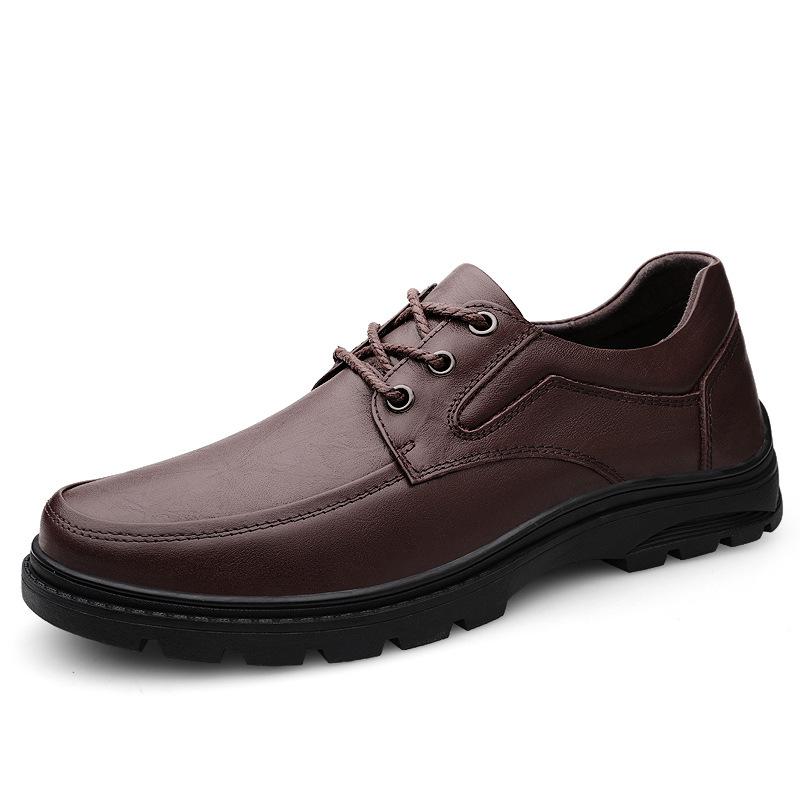 

First layer cowhide flat heel lace-up single shoes leather round head casual soft sole breathable men s spring elderly daily shoes 48 коричневий