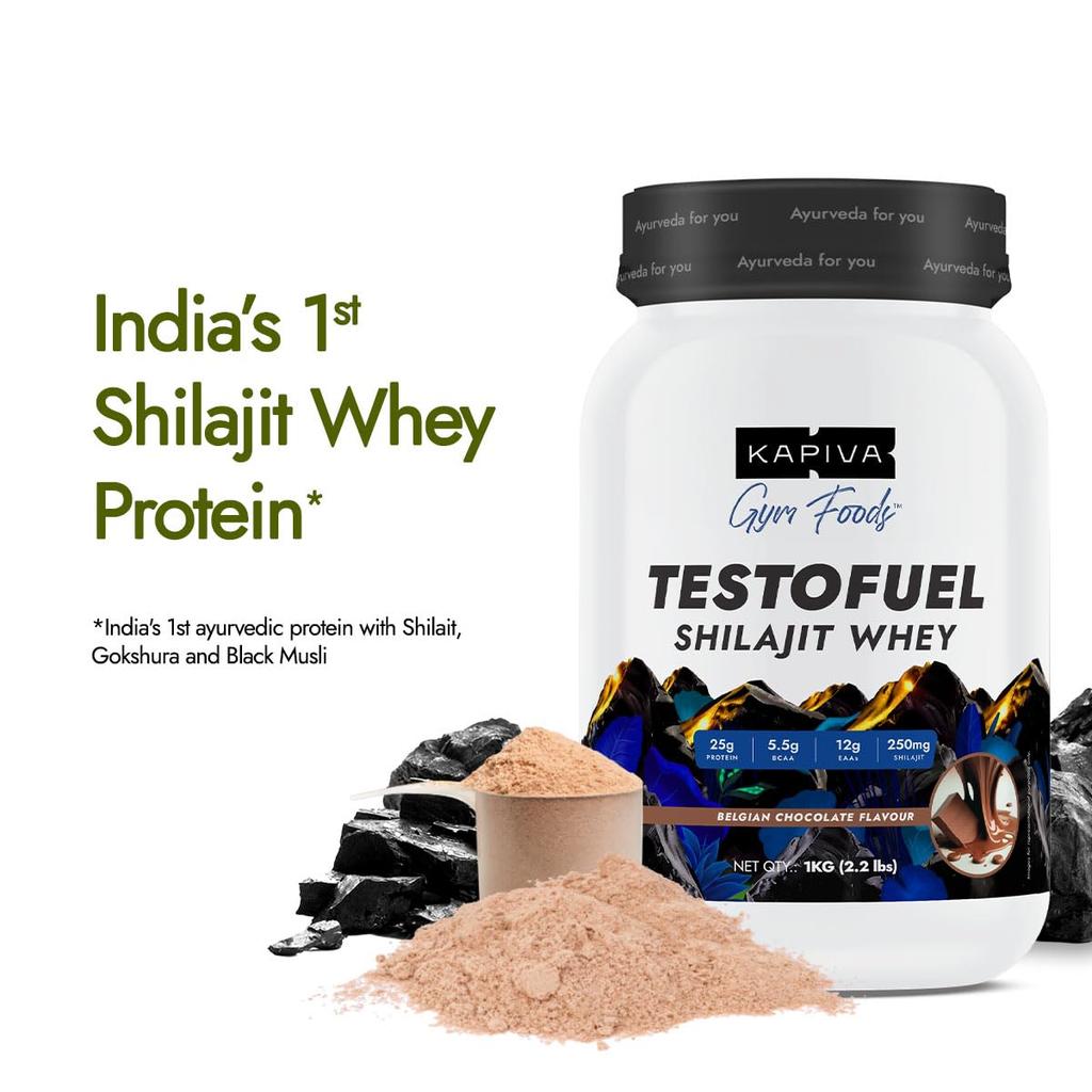 Kapiva Testofuel Shilajit Whey Protein Powder 1 kg Belgian Chocolate With 25 g Protein Faster Absorption Digestive Enzyme Blend