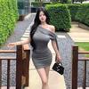 Asymmetrical Off-Shoulder Dress: Women's Summer Ribbon Short Sleeve Slimming Bodycon Mini