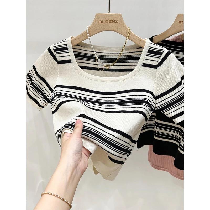 Summer Women's Striped Square Neck Knit Crop Top Slim Fit