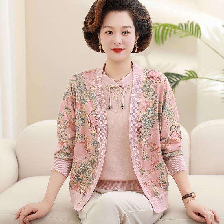 Middle-aged Mother Dressed In Early Autumn Sweater Two-piece Set Middle-aged and Elderly Autumn Sweater Set Thin New Chinese Style Grandma Dress