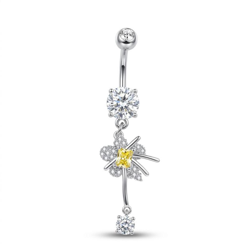 Stainless Steel Dangle Belly Button Rings For Women Shiny Cubic Zirconia Heart Butterfly Flower Navel Piercing Jewelry For Daily