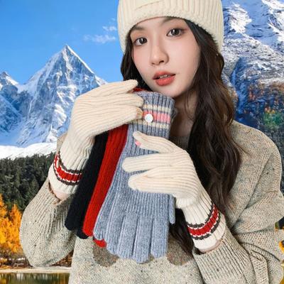 Autumn and Winter Warm Gloves for Women Cycling Windproof Cold Warm Plus Velvet Knitted Touch Screen Striped Gloves