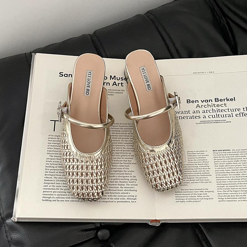 Simple retro mesh one-word pointed head thick heel high heel slippers summer temperament woven versatile soft sole sandals women's shoes