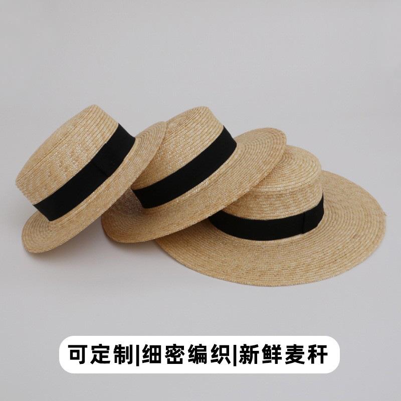 Straw straw hat French British Panama flat top straw hat woven women's summer vacation seaside beach top hat