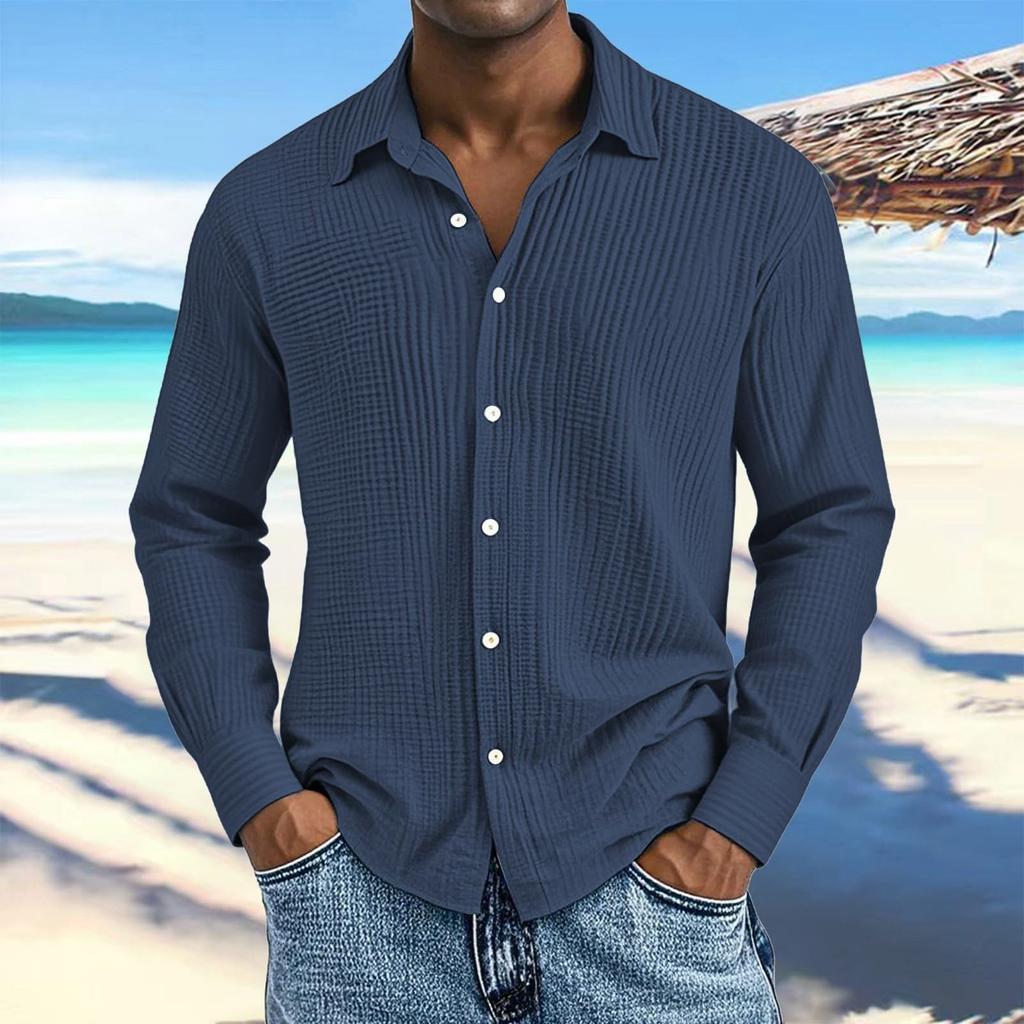 Men's Cotton Shirts Long Sleeve Casual Button Down Textured T-Shirt Loose Vacation Beach Lightweight Topsrt
