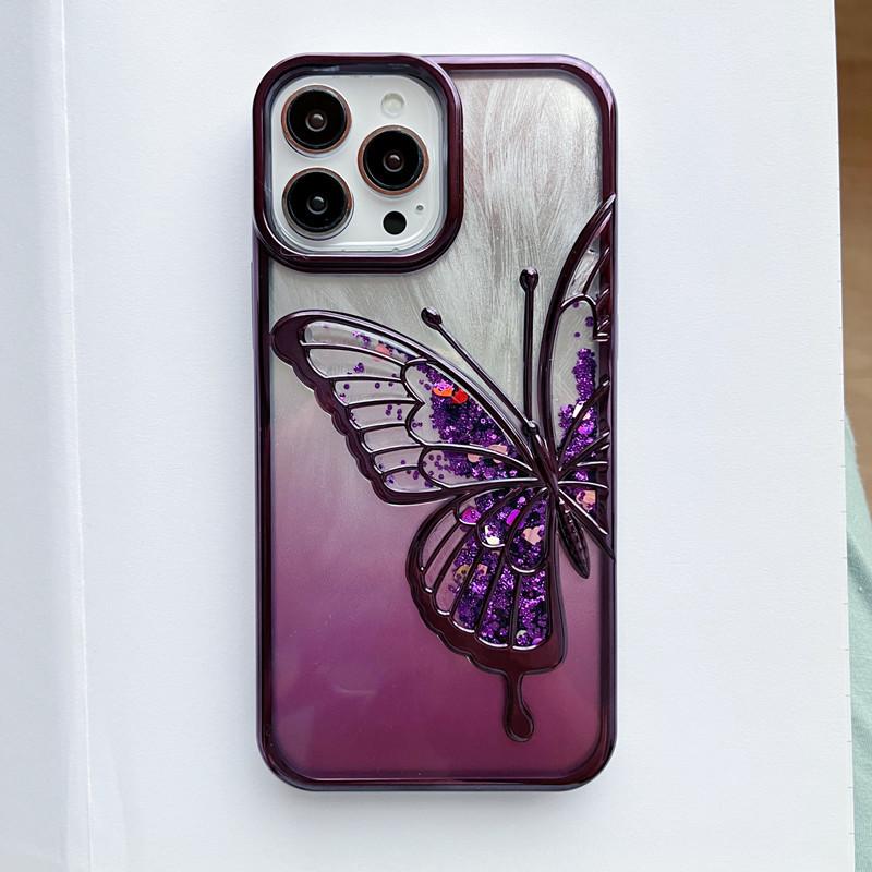 Płynny piasek Trójwymiarowy motyl Pasuje do etui na telefon komórkowy IPhone16proMax Elektroplaterowane pióro Piaskowy gradient Etui ochronne Apple 15