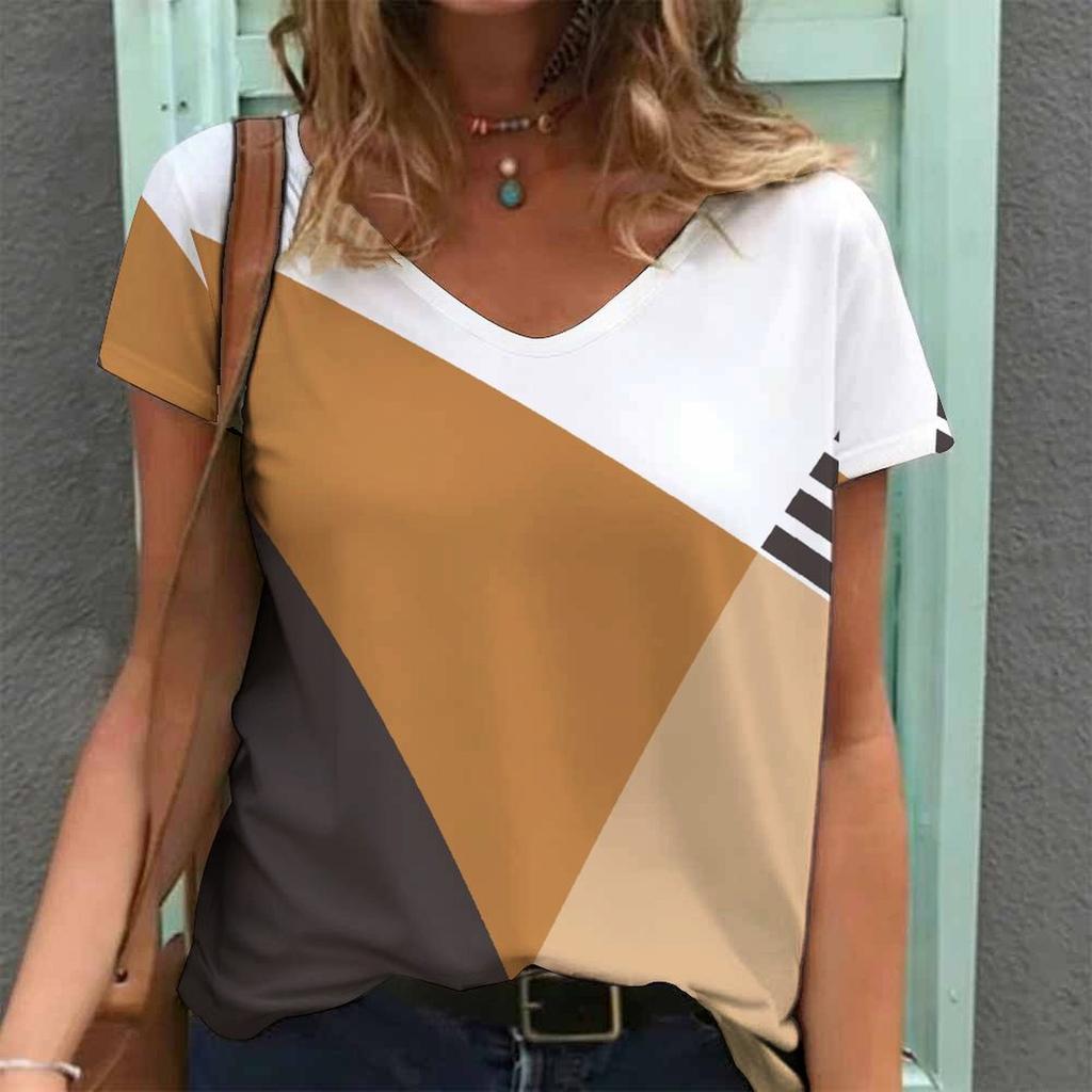Women Print V Neck Short Sleeve Casual Loose Tunic Tops