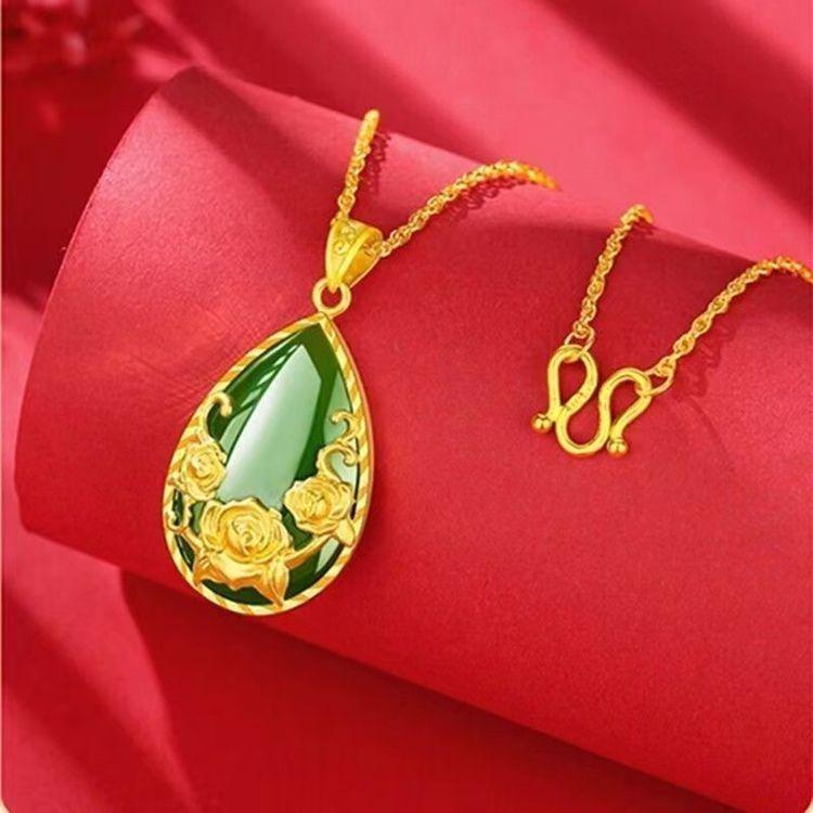 Niche Jewelry Rose Water Drop Green-Gold Unisex Necklace - Safe Alloy Material