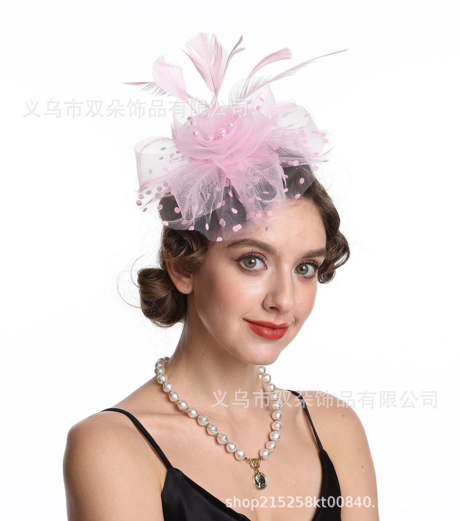 Popular European and American Bridal Headgear Feather Head Flower Horse Racing Festival Mesh Yarn Top Hat Mesh Yarn Feather Headgear