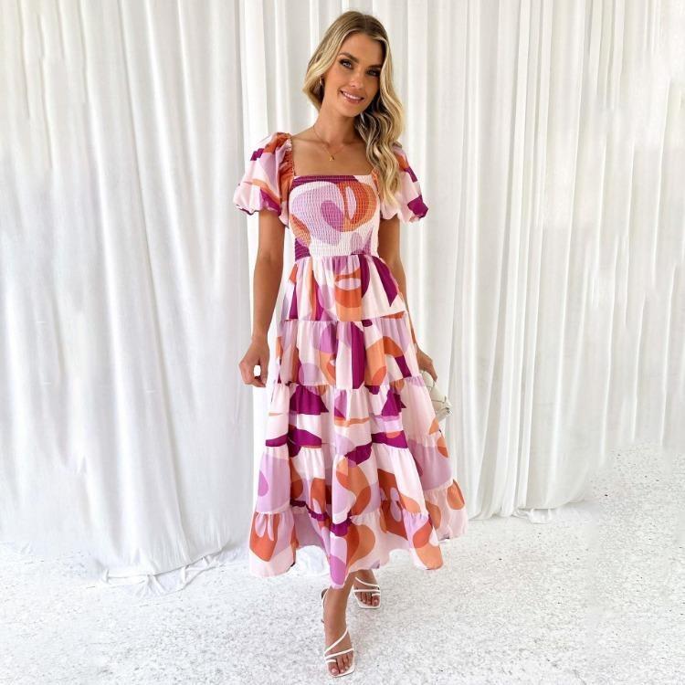 Fashion Summer Dress Women Strapless Print Pleated Short Sleeve Ankle Length