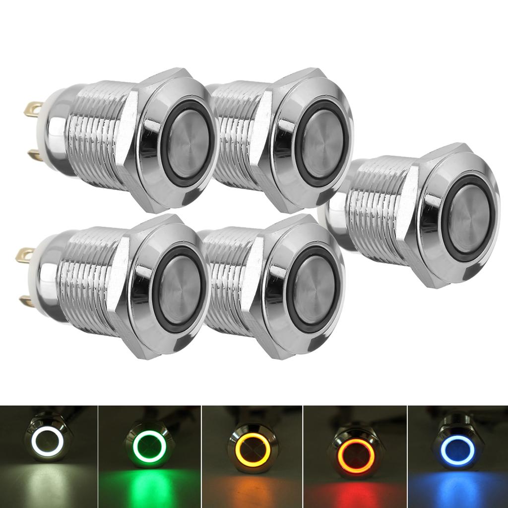 12mm LED Push Button Switch 12V 4Pin Silver Momentary Self-Locking Switches Waterproof