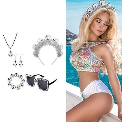 1970S Disco Party Accessories Set for Women Bachelorette Party Silver Disco Headband Glasses Necklace Earrings 5-in-1