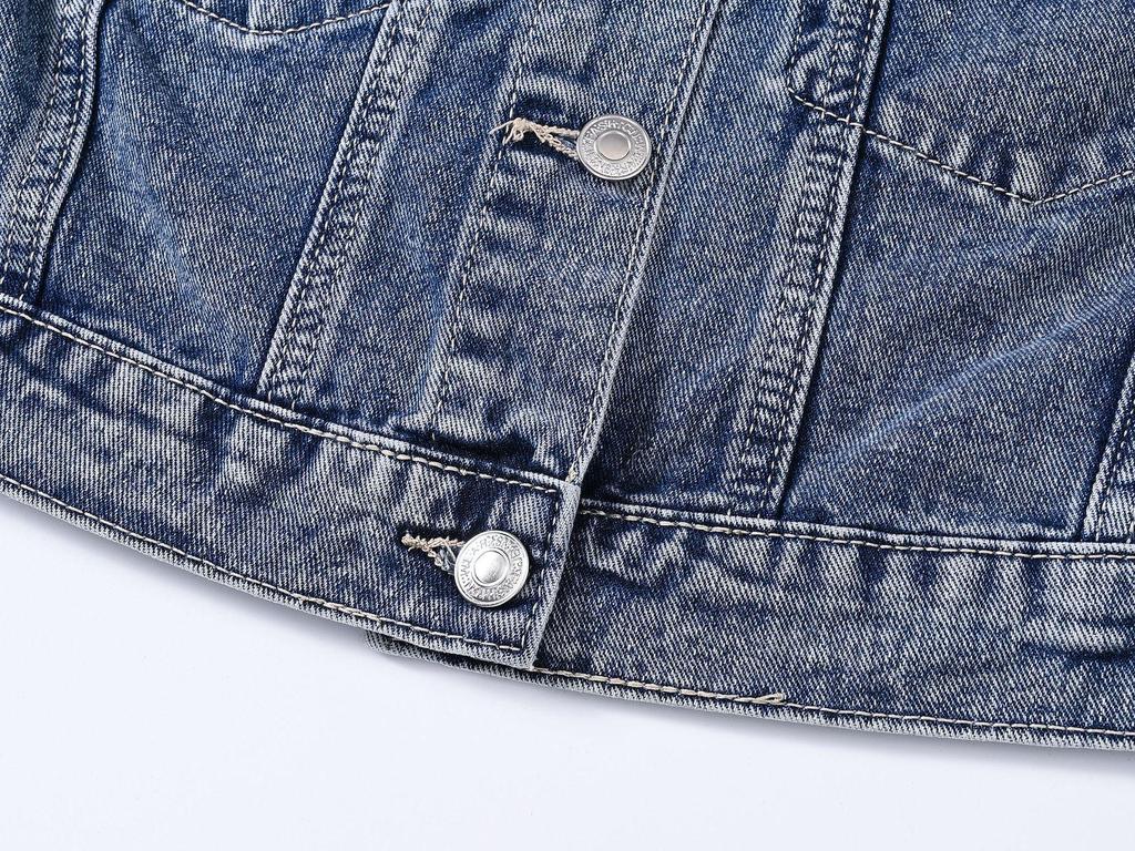 Women's Light Blue Rhinestone Beaded Denim Jacket - Petite, Short, Spring/Autumn 2025