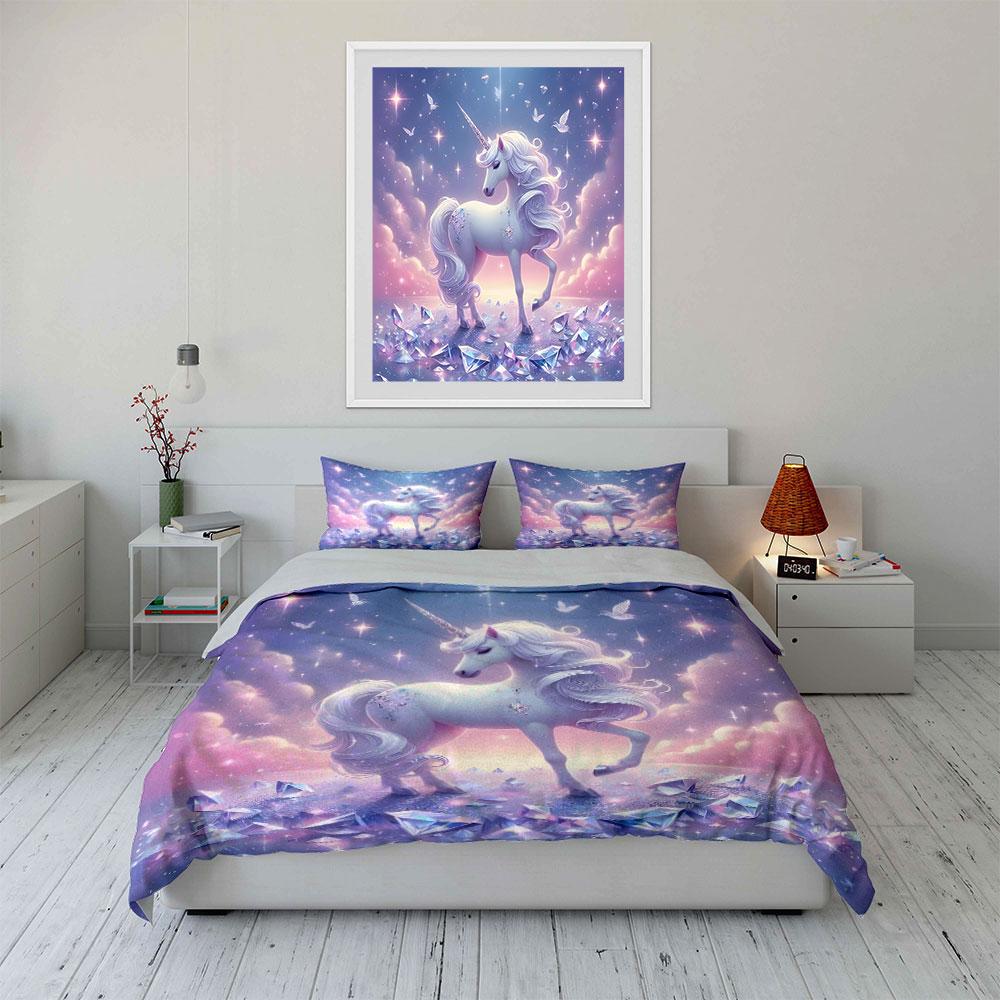 Enchanted Unicorn With Sparkling Crystals Duvet Cover Set With 3D Printing Design Soft Polyester Bedding Set All-Season Comfort