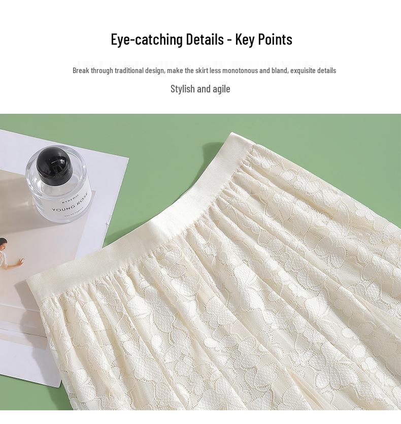 A-line Midi Skirt: High Waist Mesh Lace Patchwork for Women - Spring/Summer 2026