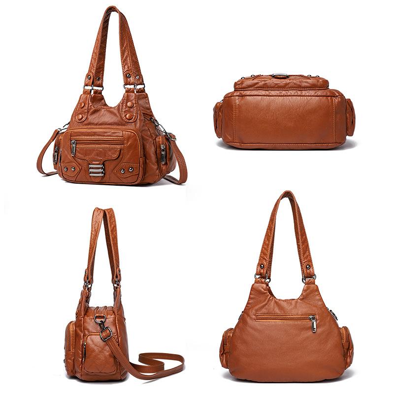 Washed Leather Women's Bag Handbag Retro Fashion Rivet Soft Leather Tote Bag Multi-pocket Large-capacity Messenger Bag