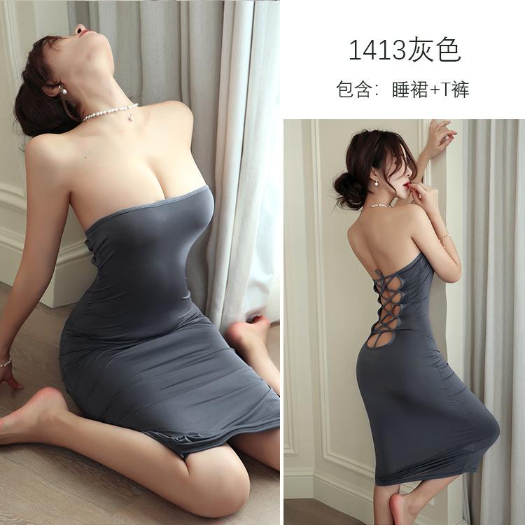 

Sexy Lingerie Sexy Ice Silk Halter Pajamas Straps Hollow Uniform Seduction Passion Suit One size fits all ( 40-60kg ) сірий колір