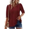 Solid Color V Neck Puff Sleeve Loose Casual Five Quarter Sleeve T Shirt