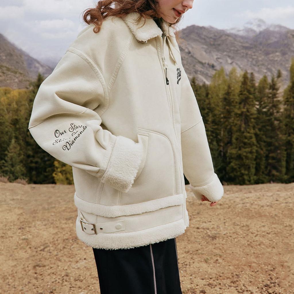 Fila Fusion Embroidered Logo Print Loose Lamb Fleece Jacket Women Jackets Mica-Beige T11W342913F-BQ