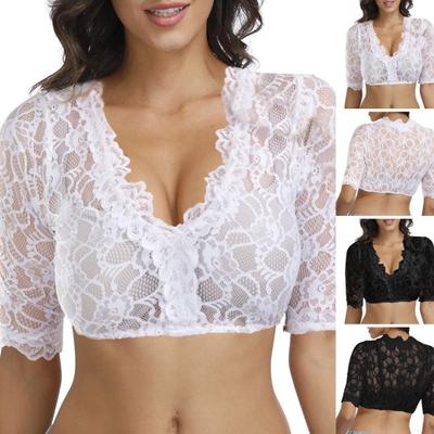 Lace Shirt Tops V-neck Half Sleeve Slim Fit Solid Color Short Shirt Bottom Cropped Tops