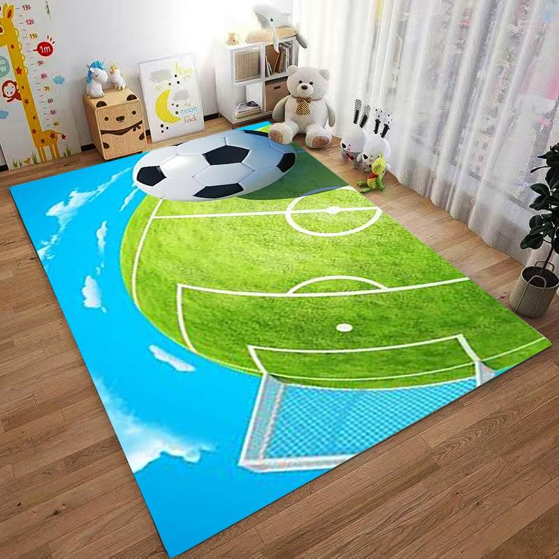 Soccer Field Theme Carpet with Ball Design, Green and Blue Art Suitable for use as an anti-slip for living room bedroom sofas