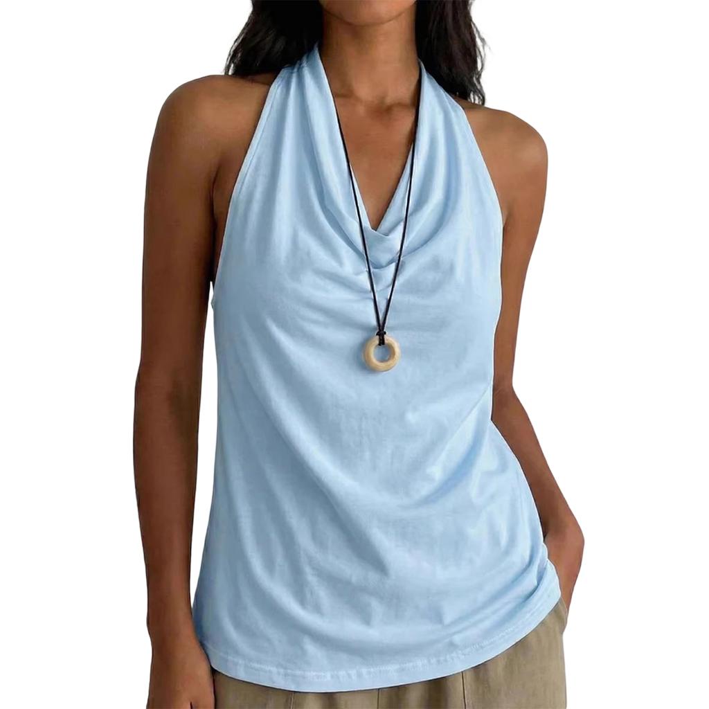 Women’s Neck Sleeveless Drape Front Top Relaxed Fit Lightweight Pullover Blouse for Casual or Daily Wear