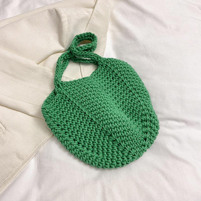 Casual large-capacity cotton thread woven bag, new openwork straw bag, lazy style shoulder bag, vacation beach bag, women's bag