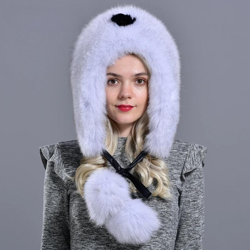 Chapéus e Bonés de Inverno Femininos Chapéu de Raposa com Pelo Natural com Caudas 2 Bolas de Pelo Fofo Chapéu Quente Elegante Moderno Estiloso com Abas de Orelha