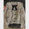 Women's Cozy Gray Knit Cardigan with Doll Collar - Korean Autumn/Winter Style