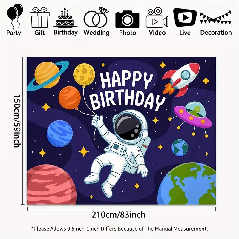2D Astronaut Space Happy Birthday Backdrop Kids Birthday Party Photography Background Banner